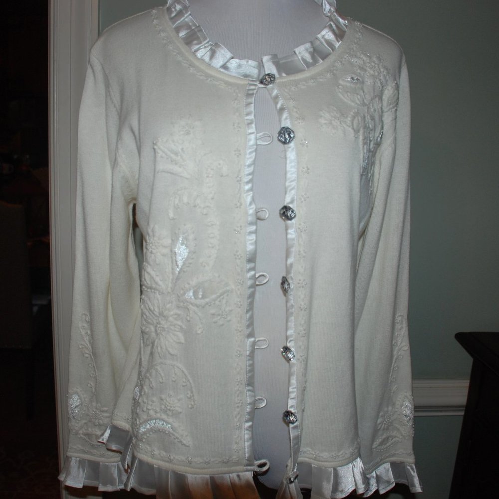 High End NWT Cottage Core White Ruffled Embellished Cardigan